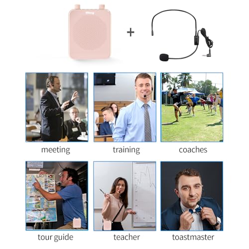 30W Portable Voice Amplifier with Wired Microphone Headset, 2800mAh Rechargeable PA System Speaker Personal Microphone Speech Power Amplifiers Loudspeaker for Teachers/Metting/Tour Guide - color: Pink Rose