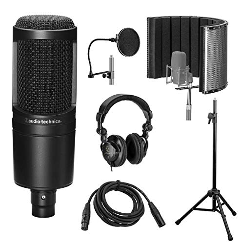 Audio-Technica AT2020 Cardioid Condenser Microphone, Bundle with H&A Reflection Filter, Microphone Stand, Pop Filter, Headphones, XLR M to F Cable 10'