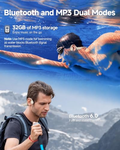 Bone Conduction Headphones, IPX8 Waterproof Swimming Headphones Off-white | Open Ear Headphones with 32GB Memory Switch to MP3 Mode Underwater AI Music Generation, 8H Playtime Bluetooth 6.0 for Running - color: off-whtie