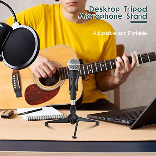 3 Pack Desktop Mic Stand Portable Foldable Tripod with Mic Clip Holder Adjustable Height Tabletop Microphone Stand 5/8 Inch Male to 3/8 Inch for Dynamic Recording Podcast