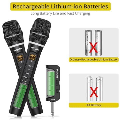PROZOR UHF Wireless Microphone with Volume Treble Bass Echo Control, Wireless Rechargeable Mic Dual Handheld Dynamic Mic System with Rechargeable Receiver, for Karaoke Machines, DJ, Church, Weddings - style: Rechargeable Portable Bluetooth UHF Mic – Echo