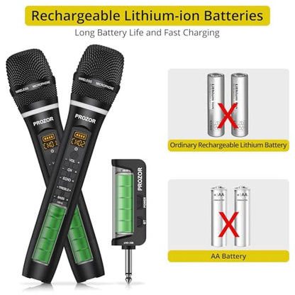 PROZOR UHF Wireless Microphone with Volume Treble Bass Echo Control, Wireless Rechargeable Mic Dual Handheld Dynamic Mic System with Rechargeable Receiver, for Karaoke Machines, DJ, Church, Weddings - style: Rechargeable Portable Bluetooth UHF Mic – Echo