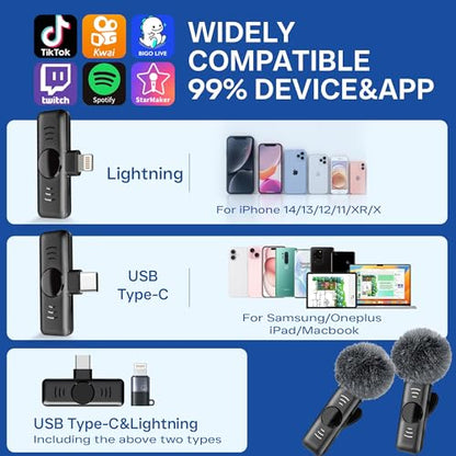 Wireless Lavalier Microphone 2 Pack Small Lapel mic for iPhone Android with Noise Reduction Lavalier Lapel Mics Mics for Interview Podcast YouTube TikTok Vlog - color: USB-C(androids）