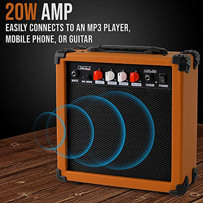 LyxPro Electric Guitar Amp 20 Watt Amplifier Built in Speaker Headphone Jack and Aux Input Includes Gain Bass Treble Volume and Grind - Mahogany - color: Mahogany, size: 20 Watt