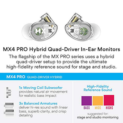 MEE audio Professional MX4 PRO Quad-Driver Hybrid Musicians In Ear Monitor Headphones with High-Resolution Reference Sound, Noise Isolating Earbuds Earphones with Detachable Cables, Transparent - color: Clear, size: MX4 PRO
