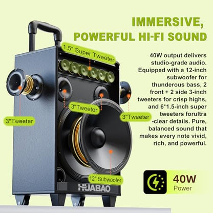 Large Bluetooth Karaoke Speaker with 2 Wireless Microphones, 11 Speaker System with 8800mAh Battery, Trolley PA System with Lights, Remote, FM/AUX/USB/TF, Bass & Treble Adjust, Ideal for Outdoor Party - size: A115