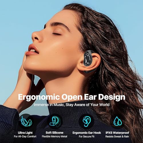 Piluyaa Open Ear Earbuds Ultra Comfort Wireless Bluetooth 5.4 Headphones Over The Ear Earbuds with Intelligent Touch Screen EarHooks IPX7 Waterproof Bone Conduction Earphones for Fitness Sports-Black - color: BLACK