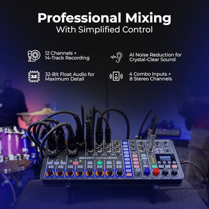 Zoom LiveTrak L6max Digital Mixer/Recorder Bundle with ZDM-1 Podcast Mic Pack, Headphones, Mic Stand, XLR Cable, Windscreen, Batteries, MicroSD Cards