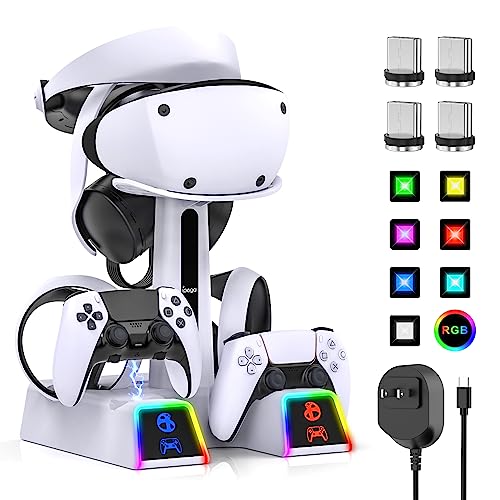 Fastsnail PS VR2 / PS5 / PS5용 RGB 충전 스테이션, LED 조명 10개 포함 | 플레이스테이션 5용 5V/3A 어댑터가 있는 무선 컨트롤러 충전기 도크, VR2 헤드셋 홀더가 있는 충전 스탠드