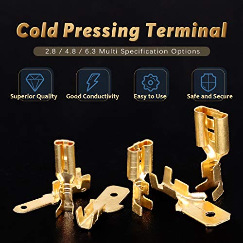 Glarks 720Pcs 2.8mm 4.8mm 6.3mm Male and Female Wire Spade Connector and Insulating Sleeve Assortment Kit Copper Wire Crimp Terminal Block with Nylon Sleeve Set for Car Audio Speaker - style: 720Pcs Golden Spade Connector