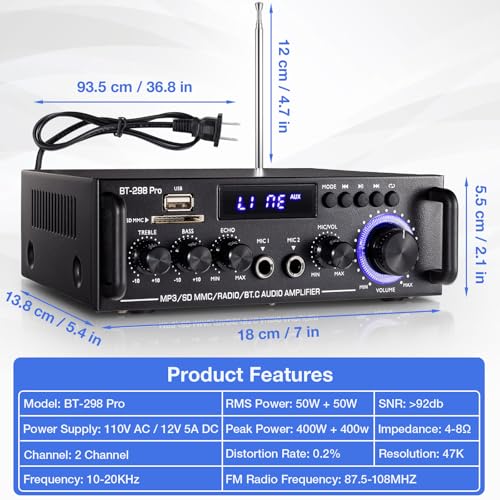 Facmogu BT-298 프로 홈 오디오 앰프, 블루투스 5.0 수신기 홈 스테레오 수신기, 최대 400Wx2 RMS 50Wx2 HiFi 사운드 오디오 시스템 무선 파워 앰프, 마이크 입력, 에코, 베이스 및 트레블 포함, USB/RCA/FM 포함 - style: 최대 400Wx2