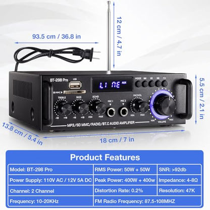 Facmogu BT-298 프로 홈 오디오 앰프, 블루투스 5.0 수신기 홈 스테레오 수신기, 최대 400Wx2 RMS 50Wx2 HiFi 사운드 오디오 시스템 무선 파워 앰프, 마이크 입력, 에코, 베이스 및 트레블 포함, USB/RCA/FM 포함 - style: 최대 400Wx2