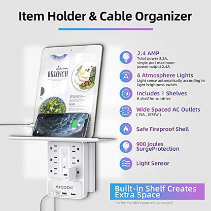 AICODE USB Outlet Extender with Shelf, RGB Night Light, 6 Outlets, White | 9-in-1 Surge Protector, 3 USB Ports (3.2A), 900J, 1875W, Compact Wall Plug Adapter for Home Kitchen Dorm