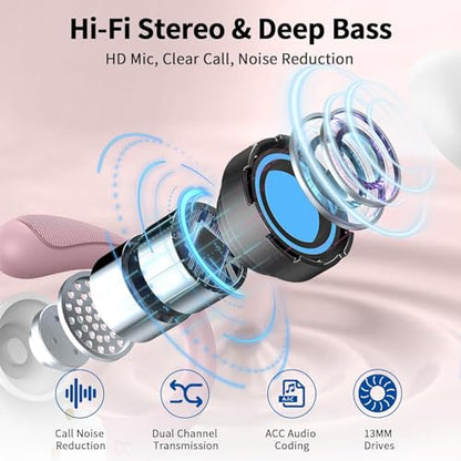 Wireless Earbuds, 2026 Bluetooth 5.4 Headphones, ENC Noise Canceling Mic | 60Hrs+ Stereo Wireless Headphones, IP7 Waterproof Bluetooth Earbuds, Sport Earhooks, Dual LED Display, for Workout, Running - color: Loyal Pink