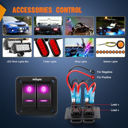 Nilight 2 Gang Rocker Switch Panel w/Purple LED Light 5Pin On Off Pre-Wired | Aluminum Toggle Switches Waterproof for 12V/24V Cars Marine Boats ATVs Trailers RV Trucks - color: Purple, size: 2 Gang