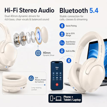 Bluetooth Headphones Wireless 68H with Mic,Decent Sound-Acceptable Milk | Adjustable Headband Foldable Over-Ear Lightweight for Office/Travel/Tablet/iPad/Laptop,HD Stereo Sound,Aux 3.5mm,White - color: Milk White