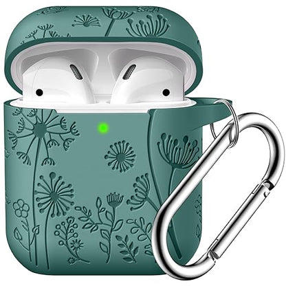 Lerobo for AirPod Case 2nd/1st Generation with Keychain for Women Girl | Flower Engraved Silicone Protective Cover for AirPods 2 Case, Wireless Charging, Shockproof, One-piece Design, Pine Green - color: Pine Green