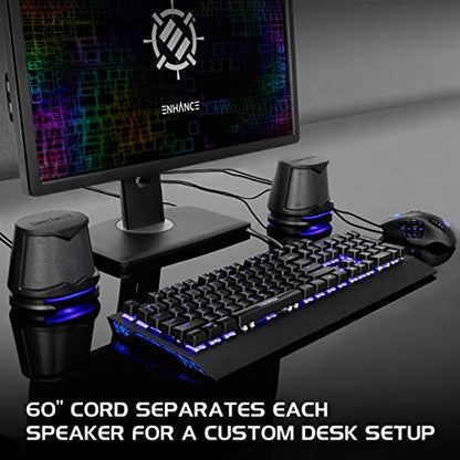 ENHANCE SB2 PC Speakers with Blue LED Glow Lights and 2.0 USB Powered Design - 10W Peak Sound, 3.5mm Wired Connection, in-Line Volume Control - Compatible with Gaming Desktop, Laptop, PC - Black - color: Blue