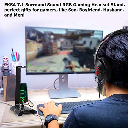 EKSA Headphone Stand, RGB Gaming Headset Stand for Desk with 7.1 Surround Sound, Headphone Holder with 3.5mm Aux and 2 USB Ports, Aluminum PC Gamer Headset Accessories for All Headphones Size
