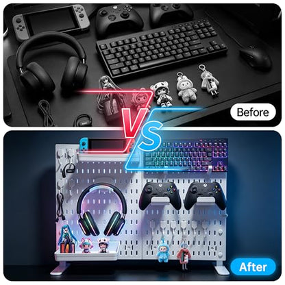 Gaming Desk Organizer, No-Drill Freestanding Desk Pegboard with Headphone Stand, Controller Holder, Keyboard Stand & Shelves, 5-in-1 Gaming Setup Accessories for Dorm Room & Home Office, White