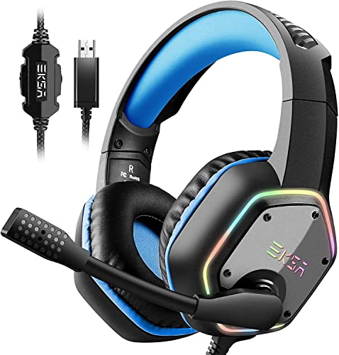 EKSA E1000 Gaming Headset, Computer Headphones with Noise Canceling Mic & RGB Light, 7.1 Surround Sound, Compatible with PC, PS4 PS5 Console, Laptop (Blue) - color: Blue