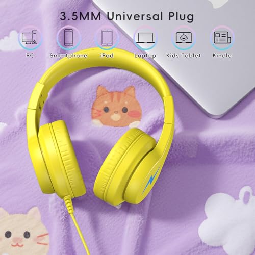 Candy Bila Wired Kids Headphones with Microphone, 85dB Safe Volume | Volume Limiter 85/94dB, HD Stereo Sound, Microphone and Wired Control,Foldable Design, Yellow - color: Yellow