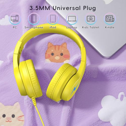 Candy Bila Wired Kids Headphones with Microphone, 85dB Safe Volume | Volume Limiter 85/94dB, HD Stereo Sound, Microphone and Wired Control,Foldable Design, Yellow - color: Yellow