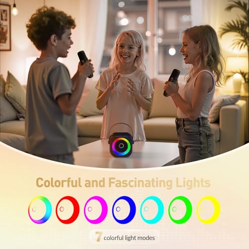 Mini Karaoke Machine, Portable Bluetooth Karaoke Speaker with 2 Wireless Microphones and Party Lights for Kids and Adults, Birthday Gifts for Girls Boys Family Home Party - color: Black