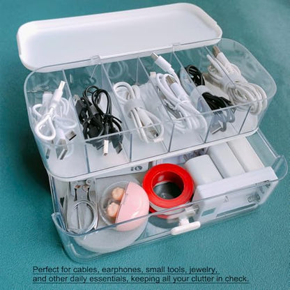 2 Pack Charger Cable Cord Storage Organizer Box, Plastic Flip-Top Cable Organizer Box and Drawer Charger Storage Box, USB Cable/Charger Organizer Boxes, Stackable Plastic Case