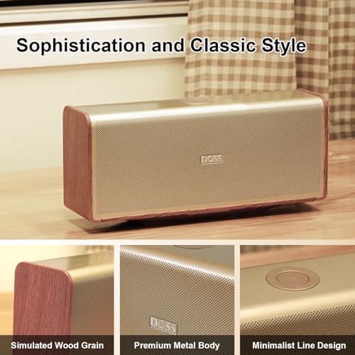DOSS SoundBox Ultra Bluetooth Speaker, 2.1 Channel Audio, Deep Bass - Gold | 80W Powerful Sound, Wood-Grain Design, Dual DSP Tech, 18H Playtime, Elegant Living Room Decor, BT 5.3, Home & Office use - color: Gold