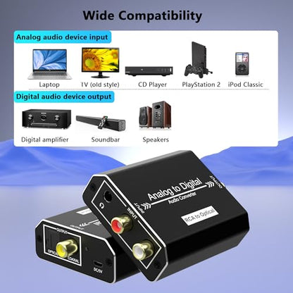 Analog to Digital Audio Converter, RCA to Optical Converter, RCA/3.5MM to Toslink and Coaxial Adapter, 48kHz/24bit PCM LPCM Stereo ADC for PS5/PS4/DVD/TV/CD/Game Console/Soundbar/Headphone