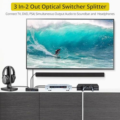 PROZOR Digital Audio Switcher Splitter - 3 in 2 Out 3 Port Spdif Toslink Optical Switch with Remote Control, Aluminum Alloy Material 2 Way Digital Audio Splitter Support LPCM 2.0 DTS Dolby-AC3 | with Remote Control Aluminum Alloy Material 2 Way 3 Port Spd