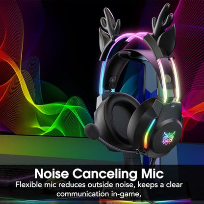 Gaming Headset with Microphone, Deer Ears Headphones for PC Laptop PS4 PS5 Xbox Switch, Rainbow RGB Lighting & Virtual Surround Sound, 3.5mm Over Ear Headphones, Ergonomic - color: Black Deer Ear
