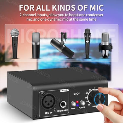 MIC-1 Microphone Preamp with 2 Inputs, Max 75dB Gain, 48V Phantom Power, Ultra-Clean Gain for Dynamic and Condenser Mics
