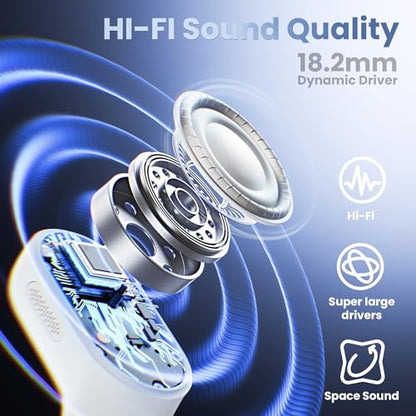 Open Ear Headphones Earbuds Wireless - 5.4 Bluetooth Ear Buds with LED Digital Display IPX7 Waterproof, Wireless Headphones Touch Control Air Conduction Stereo Sound with 18.2mm Drivers 40H Playtime - color: White