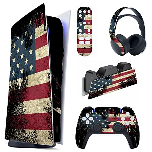PlayVital US Flag The Stars & Stripes Full Set Skin Decal for ps5 Console Digital Edition, Sticker Vinyl Decal for ps5 Controller & Charging Station & Headset & Media Remote - color: US Flag The Stars & Stripes