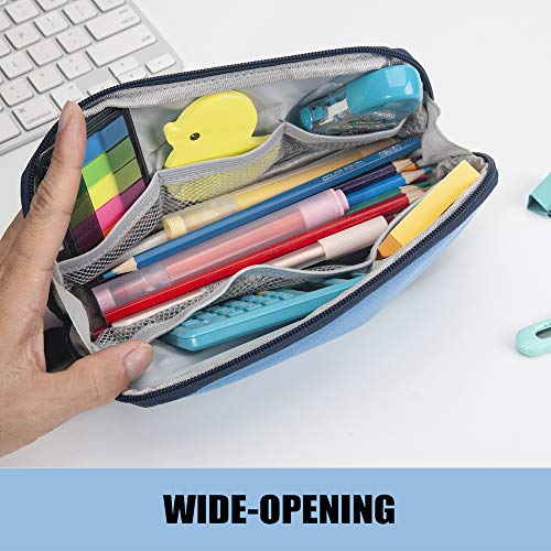 Sooez Wide-Opening Pencil Pen Case, Lightweight & Spacious Pencil Pouch Zipper Stationery Bag, Aesthetic Supply with Triangular Design for Adults, Blue - color: Blue