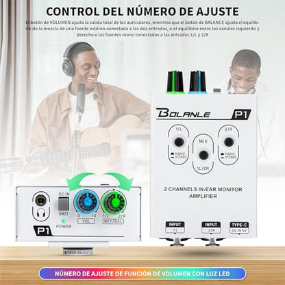 Bolanle P1 Dual-Channel in-Ear Monitor Amplifier, XLR/TRS Stereo/Mono | Two independent combo inputs with dedicated volume knobs per channel for custom monitor mixes - color: P1