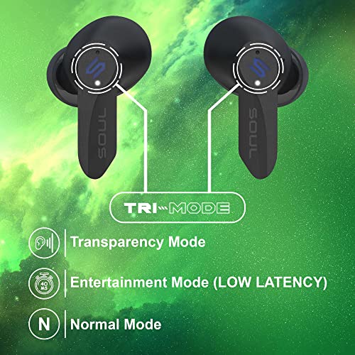 New Soul S-Play Bluetooth Wireless Earbuds | 40ms Low Latency, Gaming, and Entertainment In-Ear Headphones with Microphone | Water Resistant, Wireless Charging Case, 28 Hours of Playtime | Omega Black