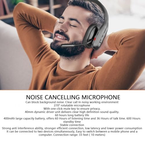 Trucker Bluetooth Headset, AI Noise Canceling Microphone 36 Hours Talk Time 60 Hours Playback Bluetooth 5.3 Multipoint Connection, with 270 Rotatable Mic and One Key Mute, for