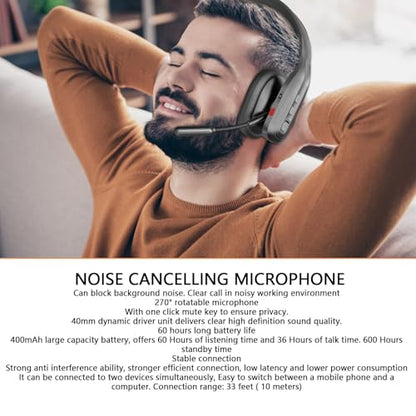Trucker Bluetooth Headset, AI Noise Canceling Microphone 36 Hours Talk Time 60 Hours Playback Bluetooth 5.3 Multipoint Connection, with 270 Rotatable Mic and One Key Mute, for