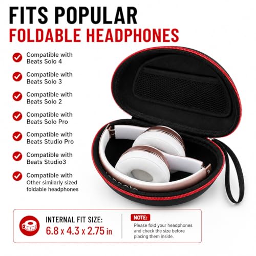 COMECASE Case for Beats Solo 4/Studio Pro Headphones with Mesh Pocket | Water-Resistant Hard Shell, Mesh Pocket for Cables, Travel Storage, Fits Solo 2/3, Solo Pro and Studio3, Black+Red Zipper - color: Black