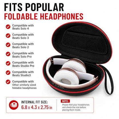 COMECASE Case for Beats Solo 4/Studio Pro Headphones with Mesh Pocket | Water-Resistant Hard Shell, Mesh Pocket for Cables, Travel Storage, Fits Solo 2/3, Solo Pro and Studio3, Black+Red Zipper - color: Black