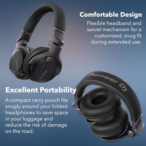 Pioneer DJ HDJ-CUE1 DJ Headphones - Black Bundle with Case and Austin Bazaar Polishing Cloth - color: HDJ-CUE1, style: Black