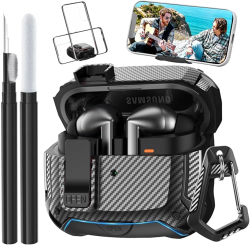 Compatible with Samsung Galaxy Buds 3 Pro Case/Bud3 Cover Lock Clip with Phone Stand for Men, Military Shell Galaxy Buds Pro 3/ Bud 3 Protective Armor Skin with with Cleaner Kit & Carabiner - color: ABlack