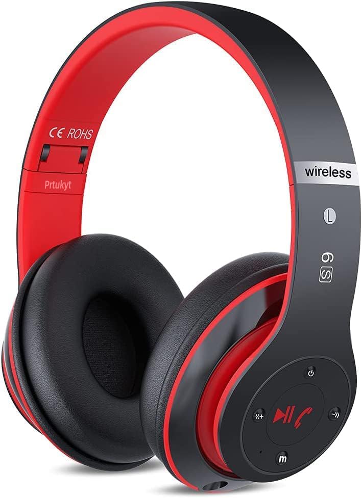 6S Bluetooth Headphones Over-Ear, Hi-Fi Stereo Foldable Wireless Stereo Headsets Earbuds with Built-in Mic, Volume Control, FM for iPhone/Samsung/iPad/PC (Black & Red) - color: Black & Red