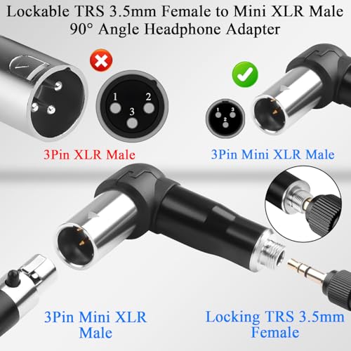 QIANRENON Locking TRS 3.5mm to Mini XLR 90° Angle Headphone Connector Lockable 1/8 TRS Female to 3Pin Mini XLR Male Balanced Audio Adapter, Right Angle Adjustable, for Fanny Pack Microphone