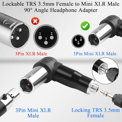 QIANRENON Locking TRS 3.5mm to Mini XLR 90° Angle Headphone Connector Lockable 1/8 TRS Female to 3Pin Mini XLR Male Balanced Audio Adapter, Right Angle Adjustable, for Fanny Pack Microphone