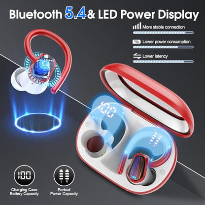Wireless Earbuds, Bluetooth 5.4 Headphones Sport, Over Ear Buds with ENC Noise Canceling Mic, Deep Bass Stereo Ear Buds with Hook, 50H Playback, LED Display, IP7 Earphones for Workout Running, Red | 50H Playback, IP7 Waterproof Earphones for Workout Runni