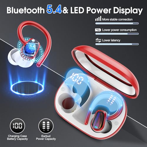 Wireless Earbuds, Bluetooth 5.4 Headphones Sport, Over Ear Buds with ENC Noise Canceling Mic, Deep Bass Stereo Ear Buds with Hook, 50H Playback, LED Display, IP7 Earphones for Workout Running, Red | 50H Playback, IP7 Waterproof Earphones for Workout Runni